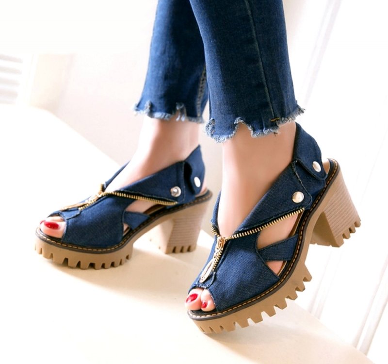 Denim Zipper Platform Sandals Women High Heels Sandals Zipper Summer Casual Shoes Big Size Sandalias Mujer 2021 Sandales Femmes